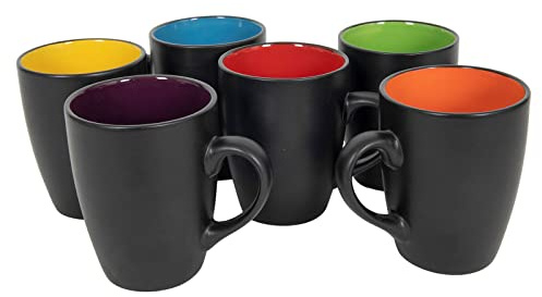 Kaffeebecher 6er Set je 340 ml - schwarz matt/innen farbig - Kaffeebecher mit Henkel - Tee Becher Kaffee Tasse aus Porzellan mehrfarbig bunt