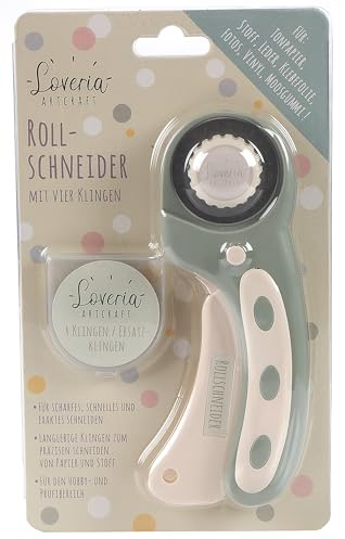 Loveria Rollschneider Stoff und Papier, 45mm Edelstahl | 4 Ersatzklingen, Ergonomischer Griff Rechts- und Linkshänder, Sicherheitsfunktion| Klingen für Geraden, Wellenschnitt, Perforationsschnitt