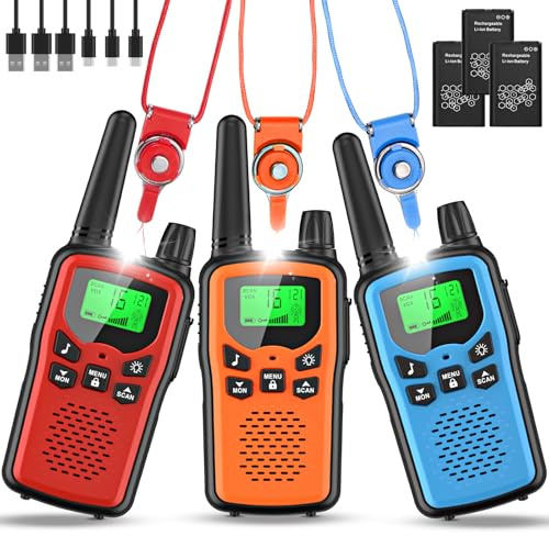 Walkie Talkie 3er Set Kinder Aufladbar, Rabigala Funkgeräte mit 5km großer Reichweite für Erwachsene, Li-ion Akku, VOX Freisprecheinrichtung, Taschenlampe LED, LCD