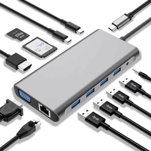 SZPACMATE USB C HUB 12 in 1 Docking Station Kompatibel mit MacBook Pro/Air | USB C Adapter mit 4K-HDMI, VGA, 3*USB 2.0, USB3.0, PD3.0, Ethernet RJ45 Port, SD/TF, 3.5mm AUX, Kompatibel für Type C Geräte