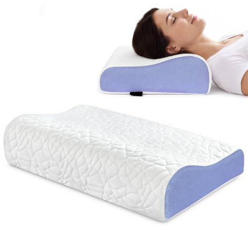 PKBD Memory-Schaumkissen, Doppelhöhe Ergonomisches Kissen, Weiß-Lila | Orthopädisches Nackenkissen Lindernt Hals- & Schulterschmerzen, Stützt Rücken-, Bauch- Und Seitenschläfer Für Tiefschlaf