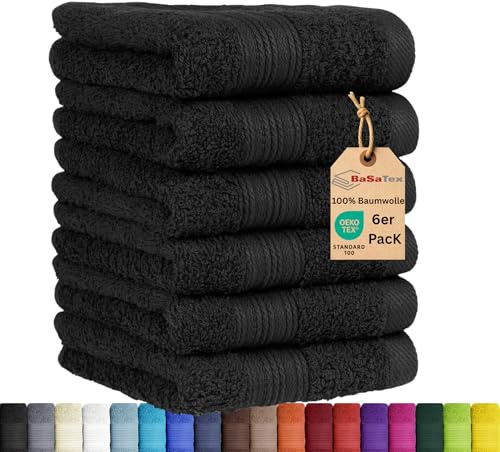 BaSaTex 6 TLG. Gästetuch Set in vielen Farben 100% Baumwolle 6er Pack Gästetücher 30x50 cm Schwarz