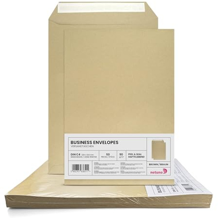 Netuno 50 Kuvert A4 Braun DIN C4 ohne Fenster haftklebend 90g Papier | 22,9 x 32,4 cm · große braune Büroumschläge · für Großbrief, Maxibrief, Warensendung, Büro, Versand & Korrespondenz