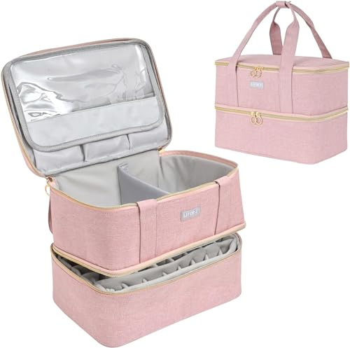 Nagellack Aufbewahrung Tasche,Doppelschichtige Nagellack Organizer für 40 Flaschen(15ml-0.5 FL.oz) und eins LED-Nagellampe,Tragbare Nagellack Tragetasche für Nageldesign zubehör