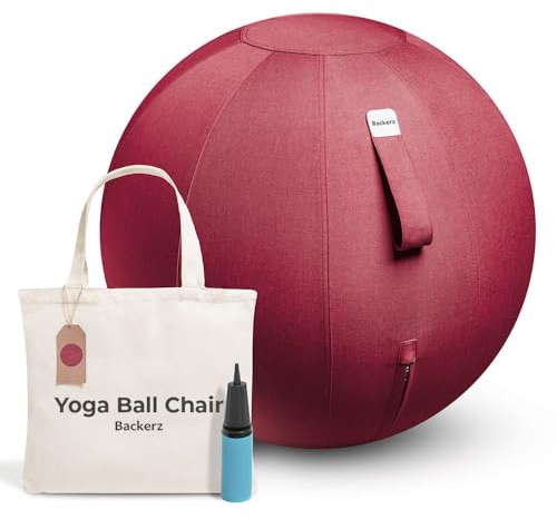 Backerz Sitzball Büro Ergonomisch 65 cm, Ergonomische Sitzmöbel für Büro und Heimbüro, Langlebiger Stoff, Gymnastikball - Fitness-Ball, Ballstuhl mit Ballauflage - Waschbarer Leinenbezug - Rot
