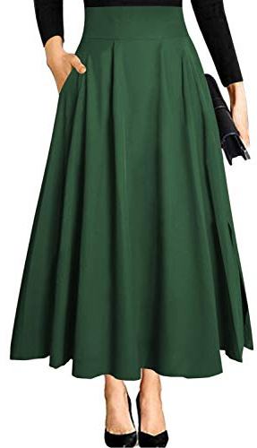 Damen High Waist Maxirock Taschen mit Seitenschlitz Langer A-Linie Rock