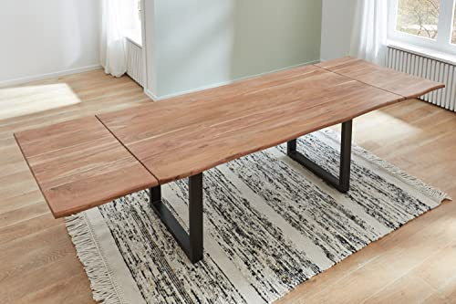 SAM Esstisch Norino 200(300)x100 cm Akazie stone Baumkante U schwarz | Baumkantentisch massiv, Akazienholz stonefarben lackiert, ausziehbar, inkl. 2 Ansteckplatten, Metallgestell, Esszimmertisch