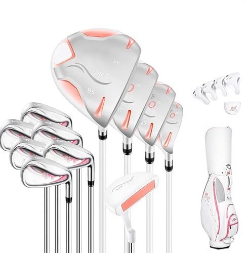XSDAJSD Dame ¯S Komplettes Golfschläger-Paketset, 11-teilig, inkl. Titan-Golfdriver, 3er und 5er Fairwayhölzer, 4er Hybrid, 6er- bis 9er-Eisen, Putter und Damen-Golftasche