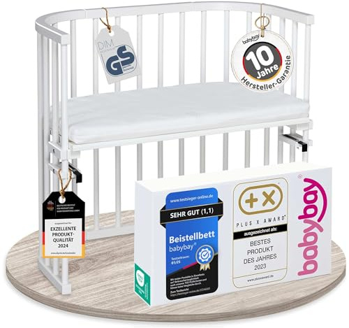 babybay Original Beistellbett aus massivem Buchenholz / kompakt & verwandelbar / Kinderbett Höhe stufenlos verstellbar & umweltfreundlich / mitwachsendes Babybett (weiß lackiert) / inkl. Matratze