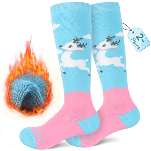 Findway 2 Paar Skisocken Kinder, Winter Snowboarding Atmungsaktive Thermosocken mit Über die Wade Design/Anti-Rutsch-Bündchen für Mädchen/Jungen für Outdoor-Sportarten