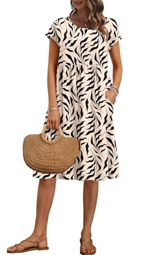AUSELILY Damen Sommer Kurzarm Knielange Lockeres Sommerkleider mit Taschen | Empire Freizeitkleider, A-line Kleider