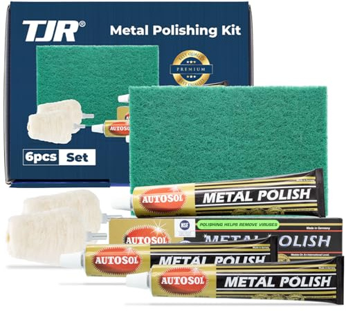 TJR® Polierset – 3-teiliges Polierpaste-Set mit Schleifvlies, 2 Polierscheiben – Metallpolitur kompatibel mit Edelstahl, Messing – Aluminium-Polierset entfernt kleine Kratzer