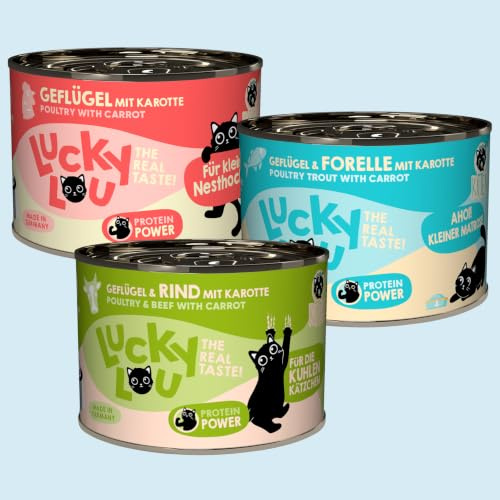 Lucky Lou Kitten Mix-Paket 18 x 200g Dosen | Hochwertiges Katzenfutter nass mit viel Protein - Nassfutter getreidefrei & ohne Zucker für junge Katzen