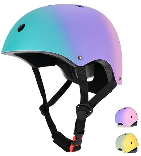 PIPIZHU Skaterhelm Fahrradhelm für Kinder, Mädchen und Jungen, Verstellbar, Belüftung Sicherheit leicht Helm für Fahrrad Skateboard Scooter Kind (Grün & Lila & Rosa, Größe M(55-58cm))