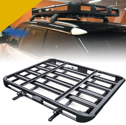 KEESUNG Groß Aluminium Dachgepäckträger, Schwarz Korb Dachgepäckträger Universal Auto Gepäckträger Auto Groß Dachkorb Wanne Gepäck Fracht Relingträger Gepäck Fracht Träger 68 kg, 127 * 97cm
