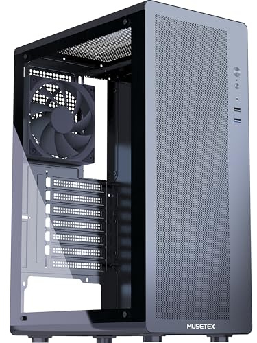 MUSETEX PC Gehäuse ATX, 1x 120mm (Nicht-RGB) Lüfter, Mesh-Front, Mid Tower ATX Computer Gehäuse mit Gehärtetem Glas, Magnetischer Staubschutzfilter, Schwarz (M2)