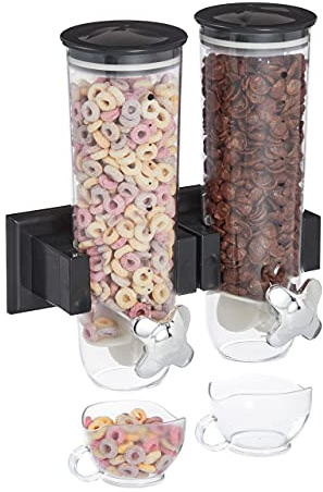 Relaxdays Müslispender doppelt, Wandmontage, für Müsli, Cornflakes, Süßigkeiten, Cerealienspender, Kunststoff, schwarz, 1 Stück