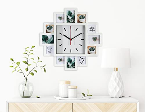 Wackadoo Bilderrahmen für 12 Fotos mit Wanduhr in Weiß, Wanduhr mit Foto Fotogalerie Collage Uhr mit Bilderrahmen