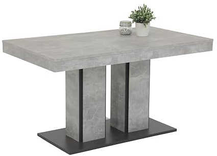 Hela Tische, Esstisch Säulentisch Rose, Holzwerkstoff meleminbeschichtet, Betonoptik,zwei Säulenfüße und Bodenplatte, ausziehbar 140-180x80cm