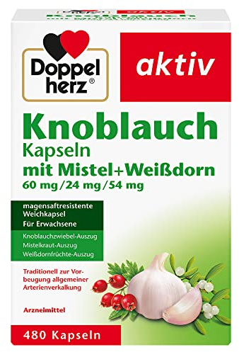 Doppelherz Knoblauch mit Mistel + Weißdorn - Traditionelles Arzneimittel zur Vorbeugung allgemeiner Arterienverkalkung, für Angstabfall - 480 Kapseln