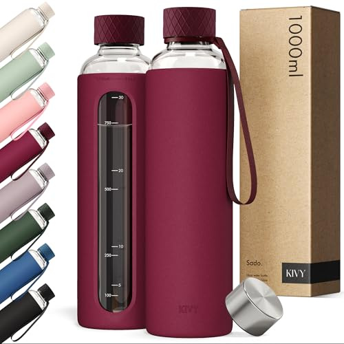 KIVY Glas Trinkflasche 1l mit Silikonschutz - Kohlensäure geeignet | Glasflasche 1 Liter - Wasserflasche 1l mit Messskala - Schlanke Glas Wasserflasche Ästhetisch - Auslaufsicher - BPA-Frei