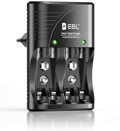EBL Akku Ladegerät für AA AAA 9V NIMH Akkus, 4-Ladefach Smart Plug Batterieladegerät, Multi-Schutz, LED-Anzeige, Schnellladegerät für AA AAA 9V