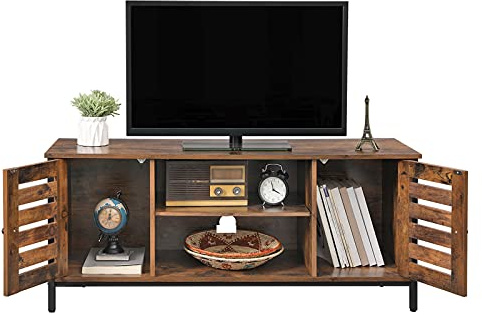 VASAGLE TV-Schrank, Fernsehtisch, Lowboard mit 2 Schränken und 2 Regalebenen, Wohnzimmer, Lamellentüren, Industrie-Design, Vintagebraun-schwarz LTV43BX