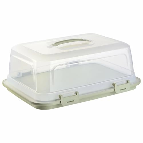 Engelland Rechteckige Kuchen-Transportbox mit Griff und Deckel | Pistaziengrün-Transparent, 4-fach Klick-Verschluss, Stückeinteilungshilfe, 44 x 35 x 17,50 cm, Torten-Haube, BPA-frei