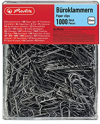 Herlitz 8859100 Büroklammer Brief-, Aktenklammer 32mm verzinkt 1.000er Transparentbox (1, 32mm)