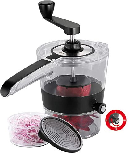 Gefu Spiralfix Spiralschneider - Gemüseschneider für Zucchini & Karotten | Manueller Gemüsestick-Schneider mit 4 Schnittbreiten, 400ml Auffangbehälter, Aromadeckel und robustem Klingenstahl