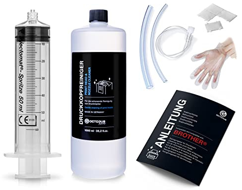 Düsenreiniger 1000ml für Brother Druckköpfe mit Schlauchadapter | Vorratsgebinde für Servicebetriebe, zum Spülen und Reinigen von Brother-Druckköpfen und Tintenkanälen