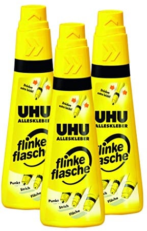 UHU Alleskleber flinke flasche, Glasklarer Alleskleber in der einzigartigen Flasche mit Drehklebekopf, 3 x 35 g