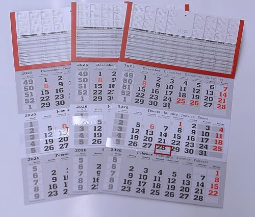 3 Stück Plano 3 Monats Wandkalender 2026 mit Datumschieber in Rot, inkl. Ferienübersichten und Jahresüberblick 2026 und 2027, Dreimonatskalender werbefrei, 3 Monatskalender