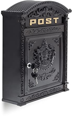 Relaxdays Briefkasten Antik Englischer Wandbriefkasten aus Aluguss mit breitem Briefschlitz für DIN A4 Umschläge HBT: 44,5 x 31 x 9,5 cm nostalgischer Postkasten mit rundem Dach, schwarz