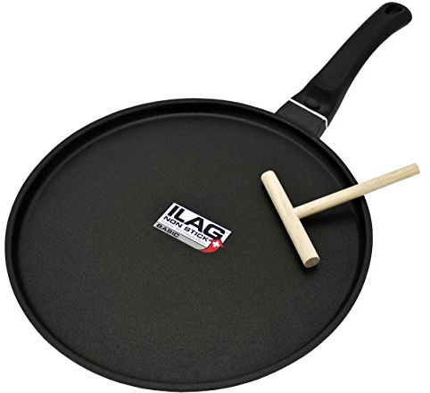 Kopf Crêpespfanne Marra aus Aluguss (28 cm) Induktion – Pfanne mit robuster ILAG-Antihaftbeschichtung, inkl. Teigverteiler für perfekte Crêpes und Pfannkuchen