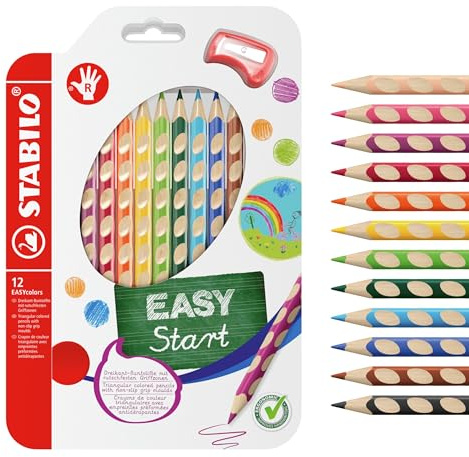 STABILO - Ergonomischer dicker Buntstift für Rechtshänder - EASYcolors - 12er Pack mit Spitzer