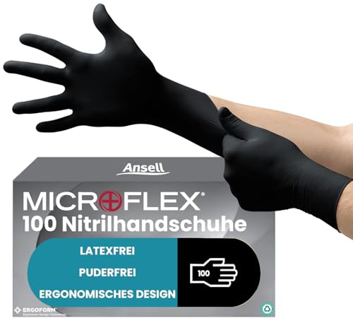 Ansell MicroFlex 93-852 Nitril Einweghandschuhe Puderfrei, Professionelle Schutzhandschuhe mit Texturierte Fingerspitzen, Lebensmittel Einmalhandschuhe, Schwarz, Größe XL (100 Handschuhe)