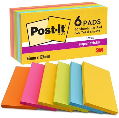 Post-it Super Sticky Notes, Packung mit 6 Blöcken, 90 Blatt pro Block, 76 × 127 mm, Gelb, Blau, Grün, Pink, Orange – Extra-Stark Klebende Notizzettel für to-Do-Listen und Erinnerungen