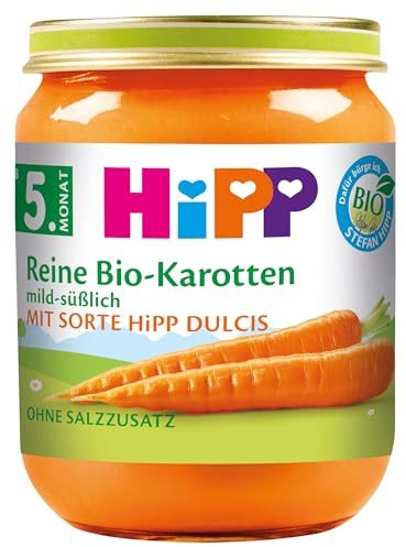 HiPP Reine Bio-Karotten (Sorte Dulcis) (6 x 125g), Babygläschen ab 5. Monat, glutenfrei, ohne Salzzusatz, für den Beikoststart