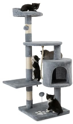 lionto Kratzbaum für Katzen mit 2 Plüschbällen & Spielseil, Höhe 112 cm, Katzenbaum mit Sisalseil & Plüsch, gemütliche Liegefläche & Höhle, inkl. Wandhalterung, für kleine & große Katzen, hellgrau