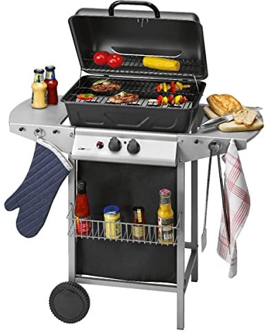 Clatronic® Gasgrill mit 2 Heizzonen | individuelle Temperatursteuerung | inkl. Grillrost + Warmhalterost | Grill mit praktischem Ablagekorb und großem Stauraum für Gasflasche | GG 3590