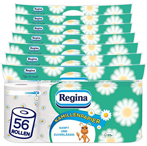 Regina Kamillenpapier, 56 Rollen Toilettenpapier, 3-lagig | 7 x 8 Einzelpackungen, 150 Blatt pro Rolle, Sanft und zuverlässig, Mit einem Hauch von Kamille, FSC-zertifiziertes Papier