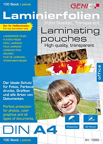 GENIE Laminierfolien A4 80 Mic, Hochwertige Laminierfolien im 100er Pack, transparent, glänzend, für den Einsatz zu Hause oder im Büro