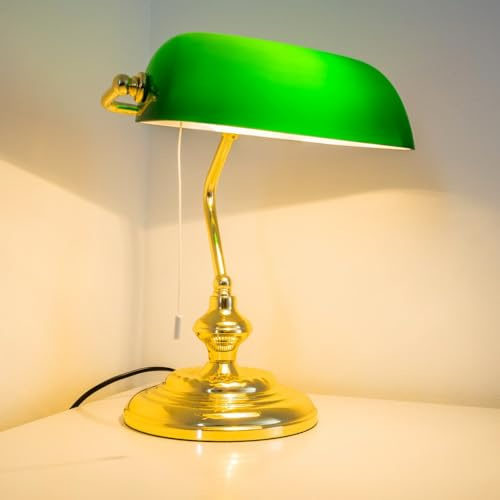 HOFSTEIN Tischleuchte, Tischlampe aus Metall/Glas in Poliertem Messing/Grün/Weiß, traditionelle Bankerlampe, Schreibtischlampe für Büros im Retro/Vintage-Design mit Zugnschnur, Höhe 34 cm, E27