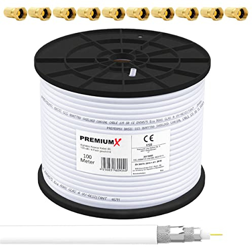 Premium X 100m BASIC Koaxialkabel 135dB 4-fach SAT Antennenkabel Koax-Kabel DVB-S / S2 DVB-C DVB-T BK Anlagen RG6 Satellitenkabel 10x F-Stecker