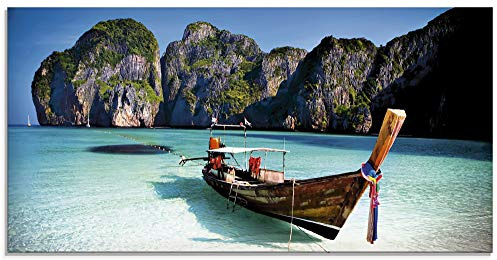ARTland Wanddeko Glasbilder Wandbild Glas Bild einteilig 100x50 cm Querformat Strand Meer Südsee Boot Thailand Maya Bay KOH Phi Phi Felsen Natur T5VI