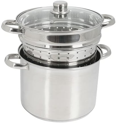 Crealys 8 Liter Pastatopf, Silber, Edelstahl, 24 cm, 8 l, 4.63 kg, Unbeschichtet, Mit Glasdeckel, Für alle Herde, Auch Induktionsherde