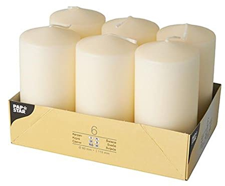 Papstar Stumpenkerzen / Säulenkerzen creme, Abmessungen 6 x 11.5 cm, für Haushalt, Feiern und Gastronomie, Brenndauer: ca. 24 Stunden, 6 Stück