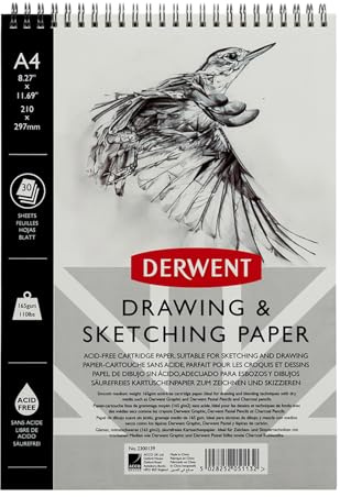 Derwent Skizzenblock, A4 Hochformat, Zeichnen & Schreiben, 30 Blatt, Säurefreies Papier, Spiralgebundener Buchrücken, Professionelle Qualität, 2300139