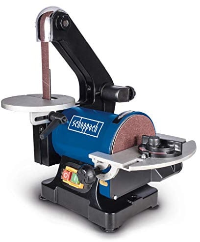Scheppach BTS700 Bandschleifer (Tellerschleifer, 250W, Bandlänge 762mm-breite 25,4mm, SchleiftellerØ 125mm, 90°-45° verstellbarer Tisch, Geschwindigkeit 816m/min)